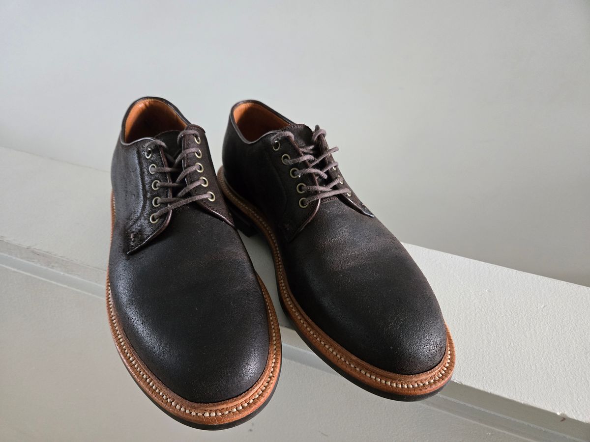 Photo by thevillagegreen on February 16, 2026 of the Grant Stone Plain Toe Blucher in C.F. Stead Earth Waxy Commander Suede.