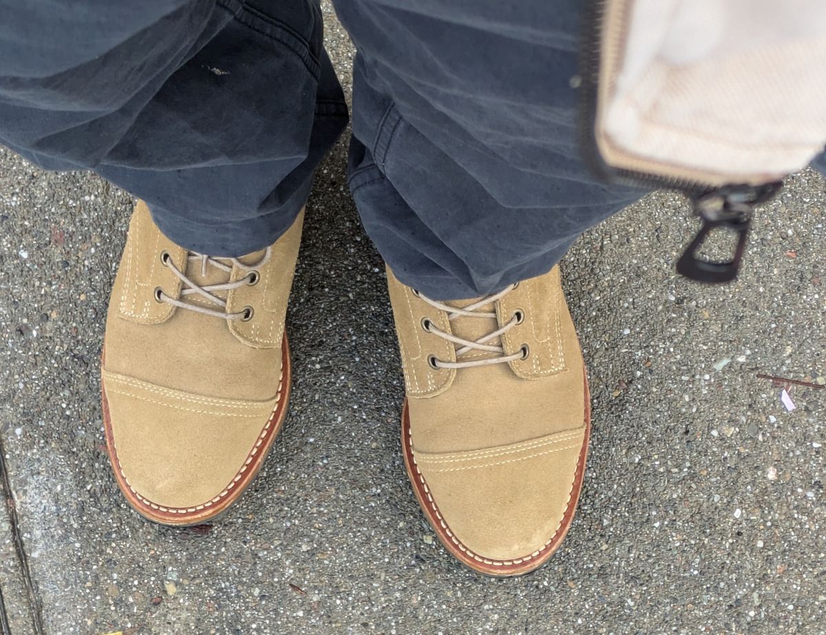 Photo by Mouse on December 14, 2024 of the Truman Cap Toe Boot in Coyote Roughout.