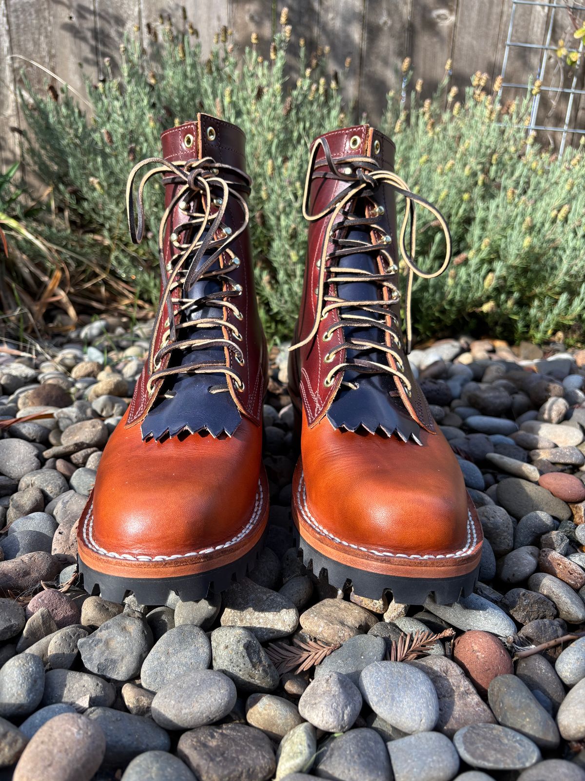 Photo by redmarengo on October 1, 2025 of the Frank's Boots Front Range in Wickett & Craig Chestnut Oiled Latigo & Wickett & Craig Tan Oiled Latigo & Wickett & Craig Navy Traditional Harness.