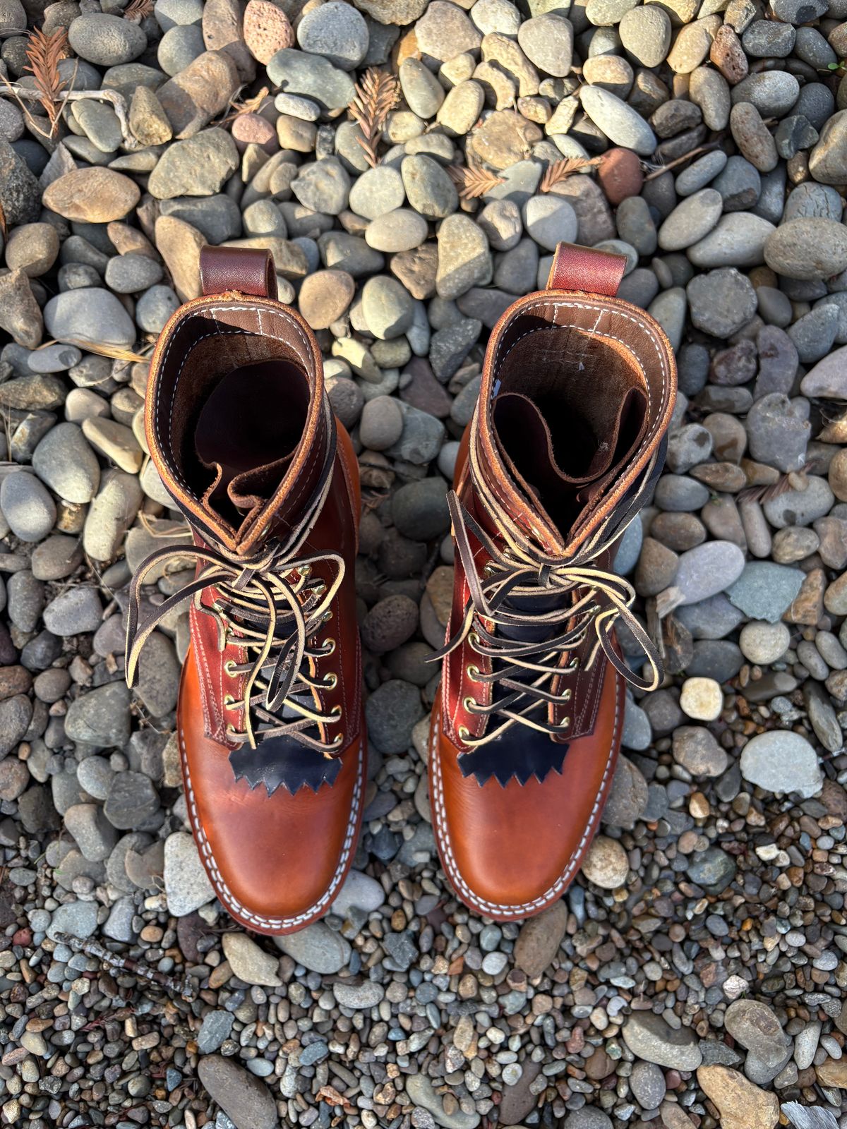 Photo by redmarengo on October 1, 2025 of the Frank's Boots Front Range in Wickett & Craig Chestnut Oiled Latigo & Wickett & Craig Tan Oiled Latigo & Wickett & Craig Navy Traditional Harness.