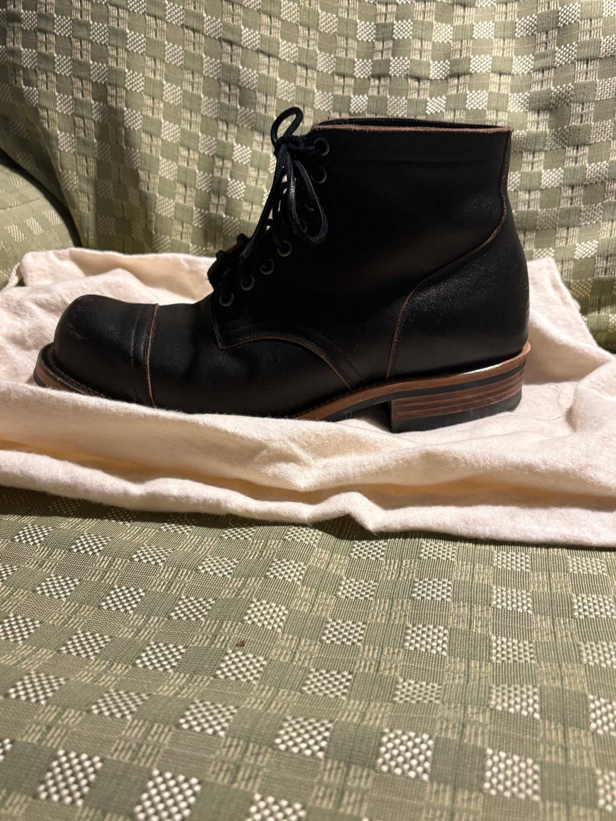 Photo by BootChemist on December 6, 2025 of the Viberg Service Boot in Horween Black Waxed Flesh.