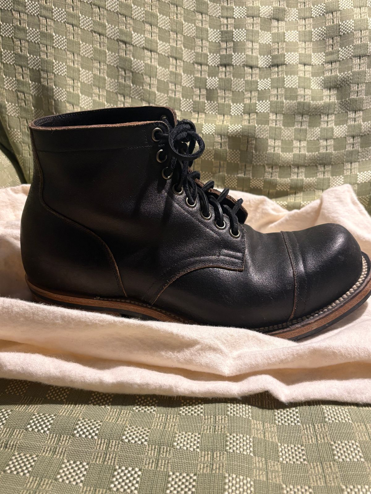 Photo by BootChemist on December 6, 2025 of the Viberg Service Boot in Horween Black Waxed Flesh.