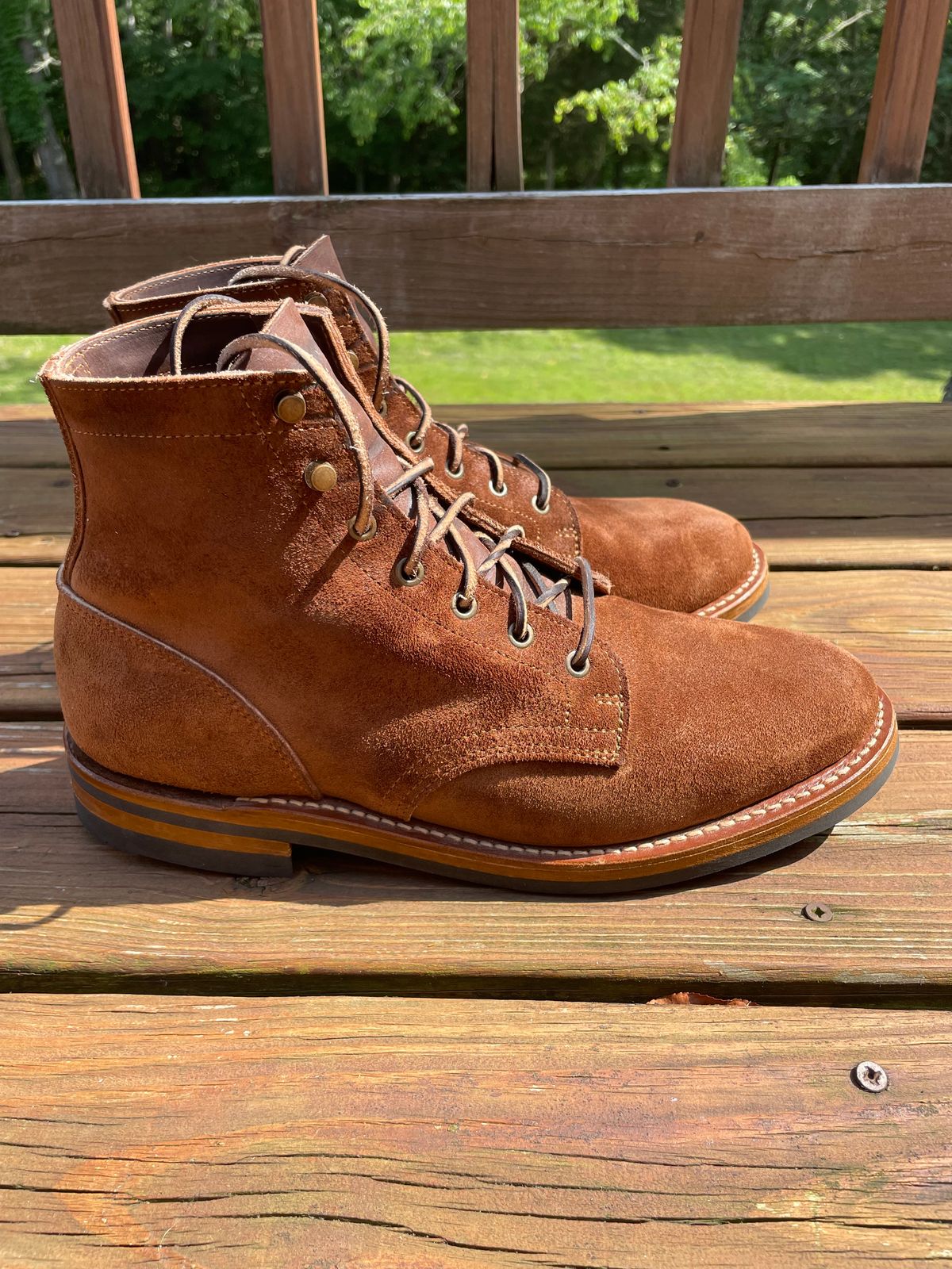 Photo by GTOby04 on June 24, 2025 of the Truman Plain Toe Boot in Horween Tobacco Reverse Chamois.
