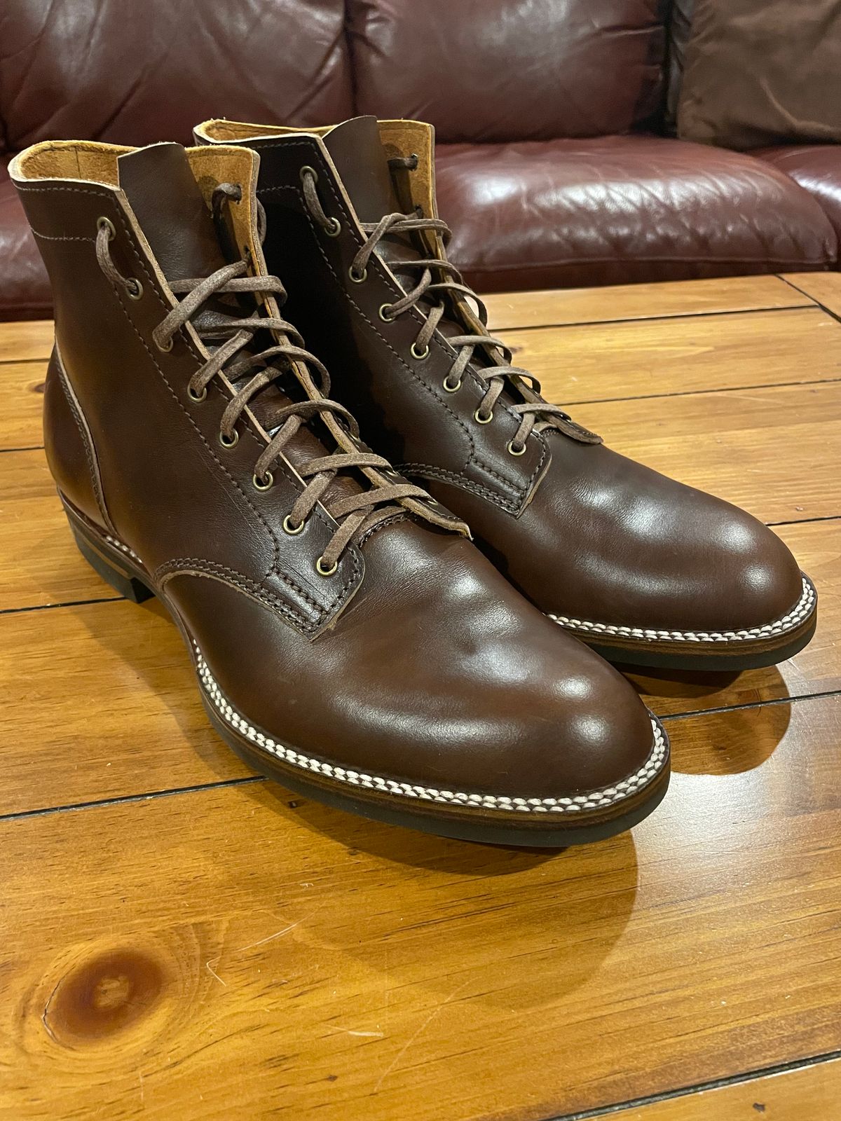 Photo by GTOby04 on January 17, 2026 of the Oldspeed MFG Service Boot 1942 Last in Horween Brown Chromexcel Horse Strips.