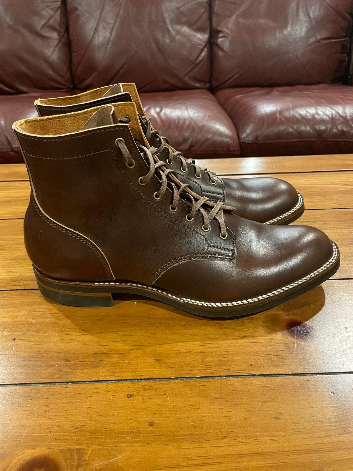 Photo by GTOby04 on January 17, 2026 of the Oldspeed MFG Service Boot 1942 Last in Horween Brown Chromexcel Horse Strips.