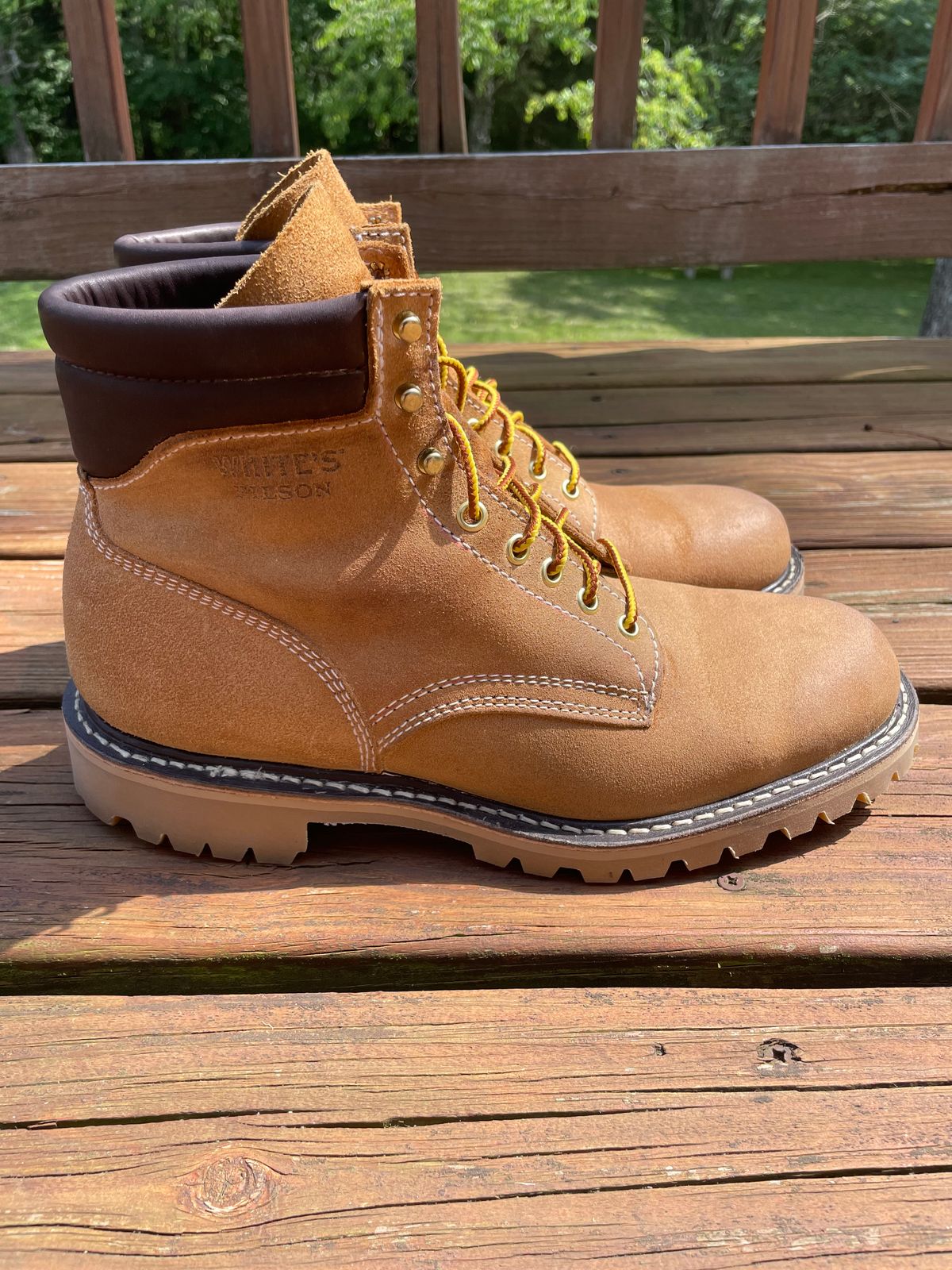 Photo by GTOby04 on June 24, 2025 of the Filson X White’s Shop Boot in Natural Suede.