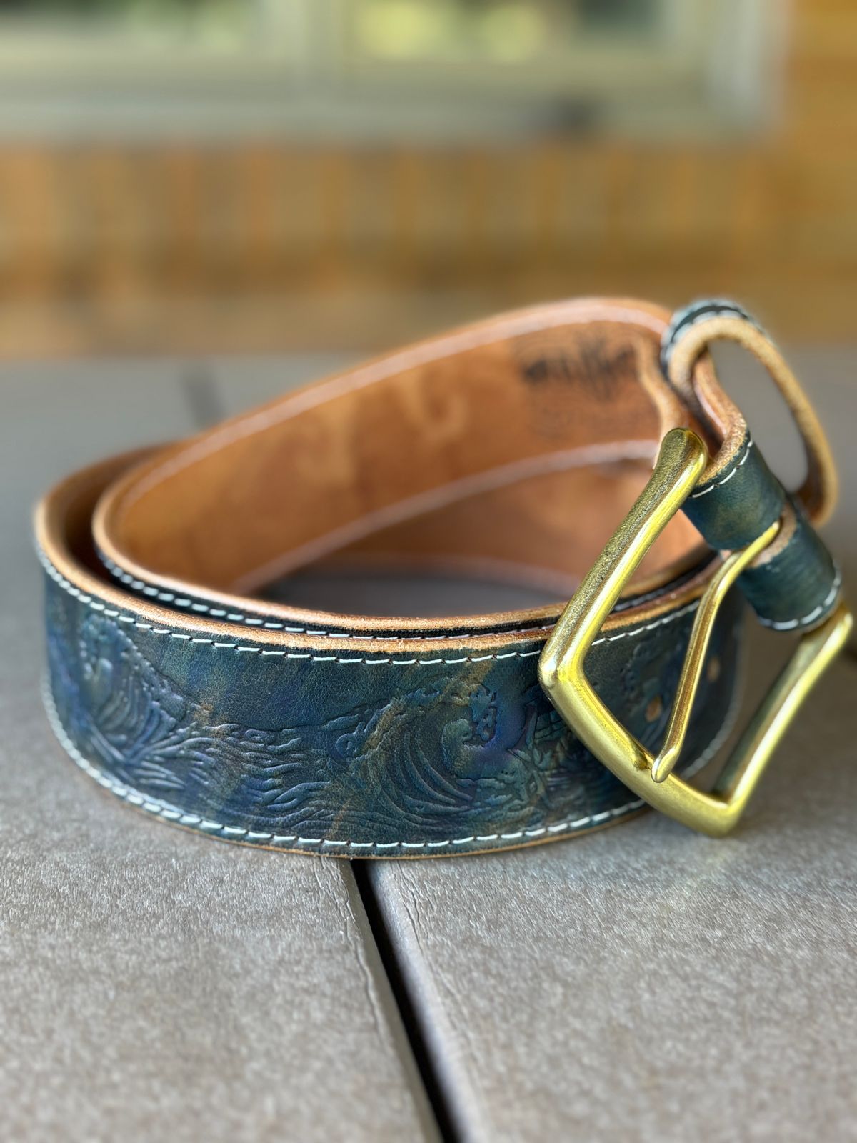 Photo by kablamb11 on October 2, 2025 of the Harker Leatherworks Squall Belt in Marbled Blue Overdyed Wickett and Craig Bridle.