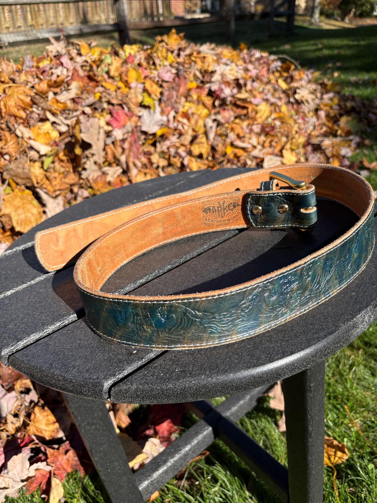 Photo by kablamb11 on November 4, 2025 of the Harker Leatherworks Squall Belt in Marbled Blue Overdyed Wickett and Craig Bridle.