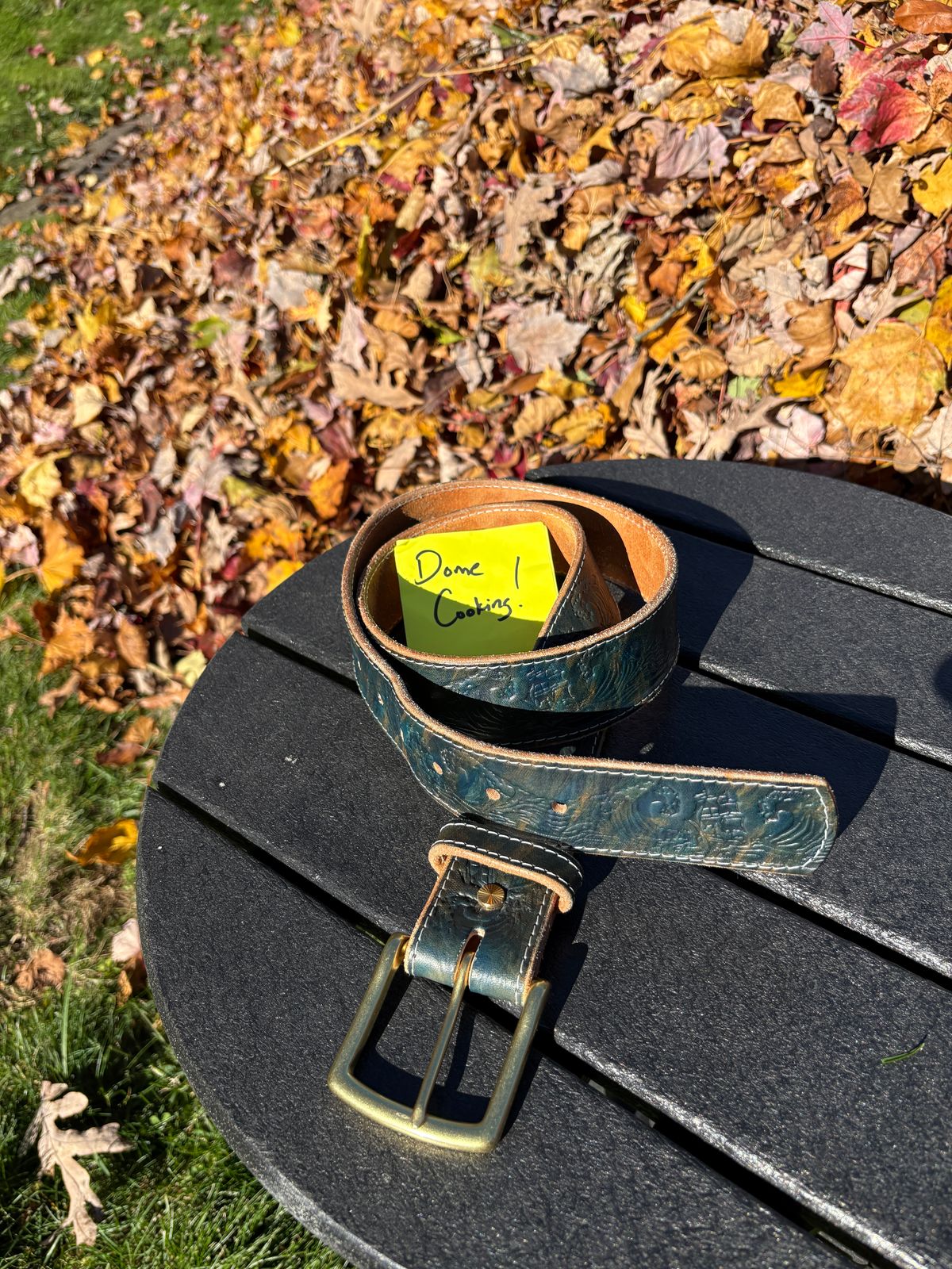 Photo by kablamb11 on November 4, 2025 of the Harker Leatherworks Squall Belt in Marbled Blue Overdyed Wickett and Craig Bridle.