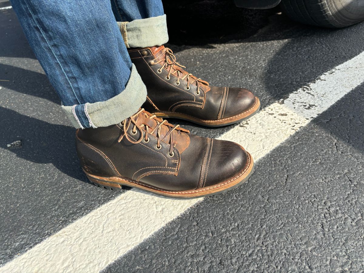 Photo by averagebootguy on April 4, 2026 of the Truman Cap Toe Boot in Horween Java Waxed Flesh.