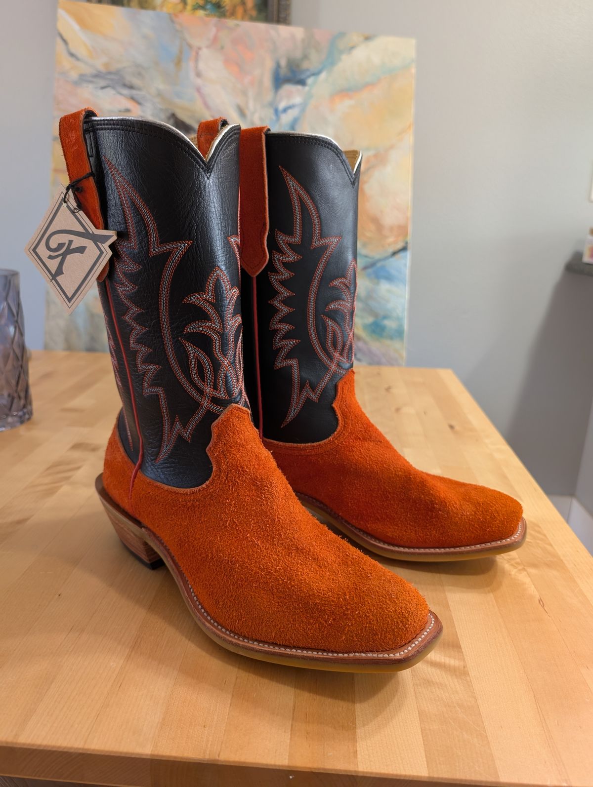 Photo by alkemest on July 3, 2025 of the Fenoglio Orange Roughout With Black Smooth Italian Uppers, Outpost Western Exclusive in Fenoglio Orange Roughout.