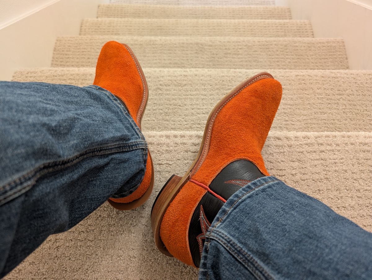 Photo by alkemest on July 3, 2025 of the Fenoglio Orange Roughout With Black Smooth Italian Uppers, Outpost Western Exclusive in Fenoglio Orange Roughout.