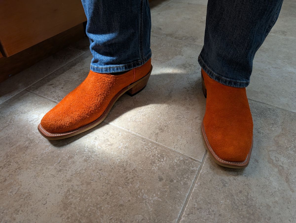 Photo by alkemest on July 3, 2025 of the Fenoglio Orange Roughout With Black Smooth Italian Uppers, Outpost Western Exclusive in Fenoglio Orange Roughout.