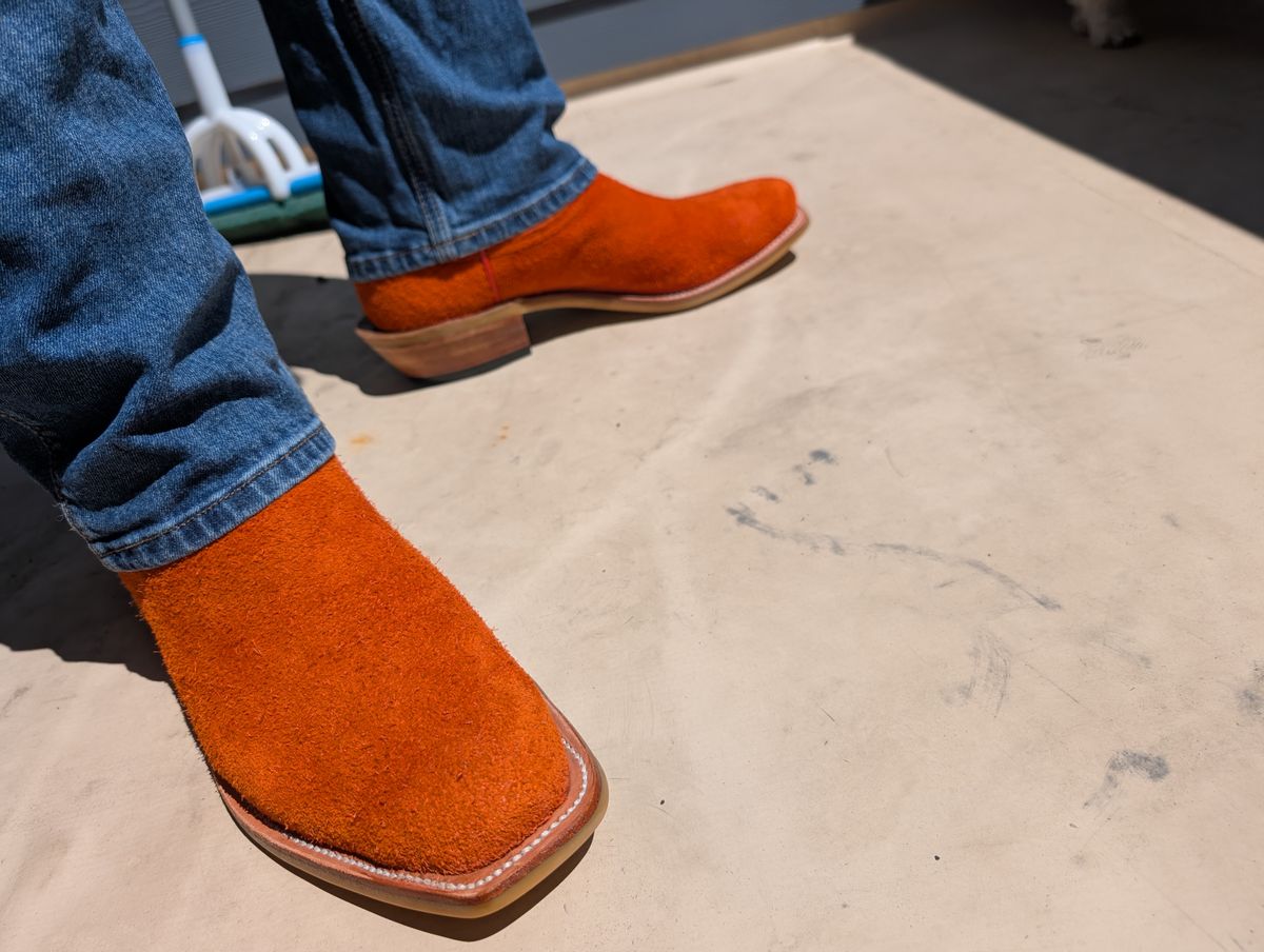 Photo by alkemest on July 3, 2025 of the Fenoglio Orange Roughout With Black Smooth Italian Uppers, Outpost Western Exclusive in Fenoglio Orange Roughout.