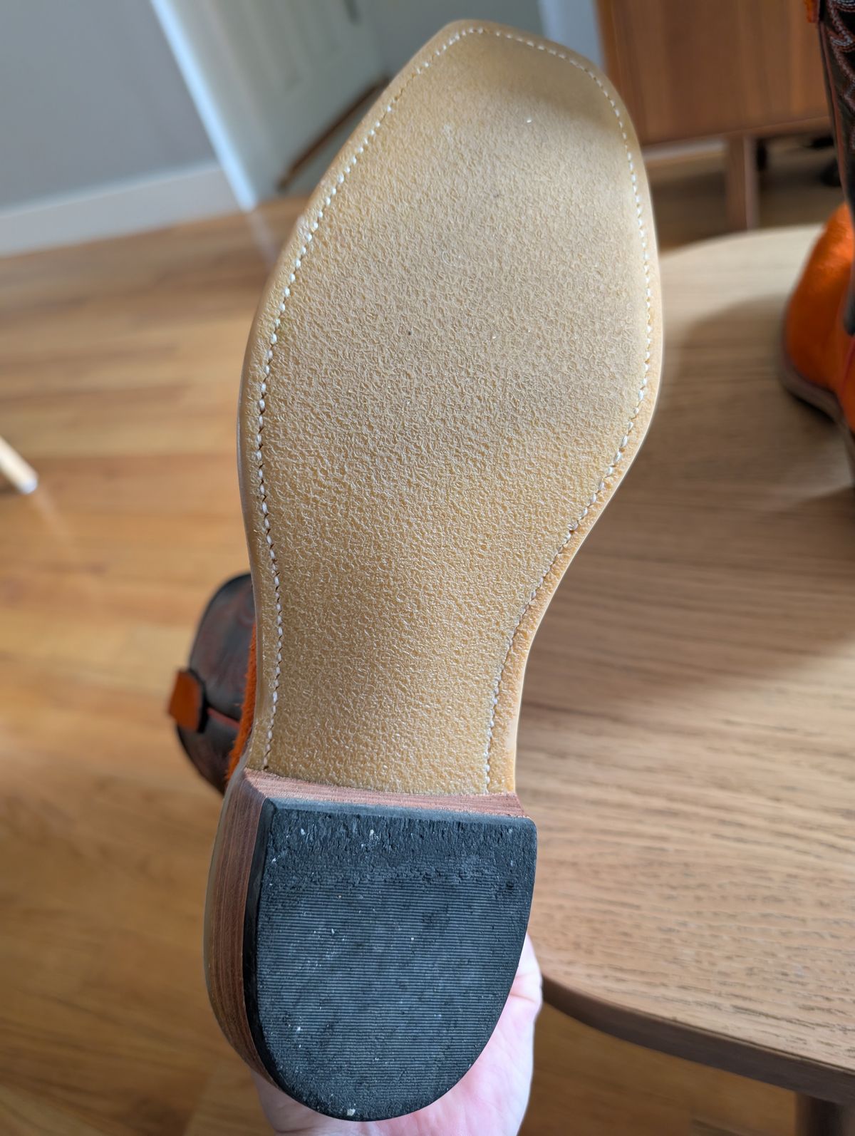 Photo by alkemest on July 9, 2025 of the Fenoglio Orange Roughout With Black Smooth Italian Uppers, Outpost Western Exclusive in Fenoglio Orange Roughout.