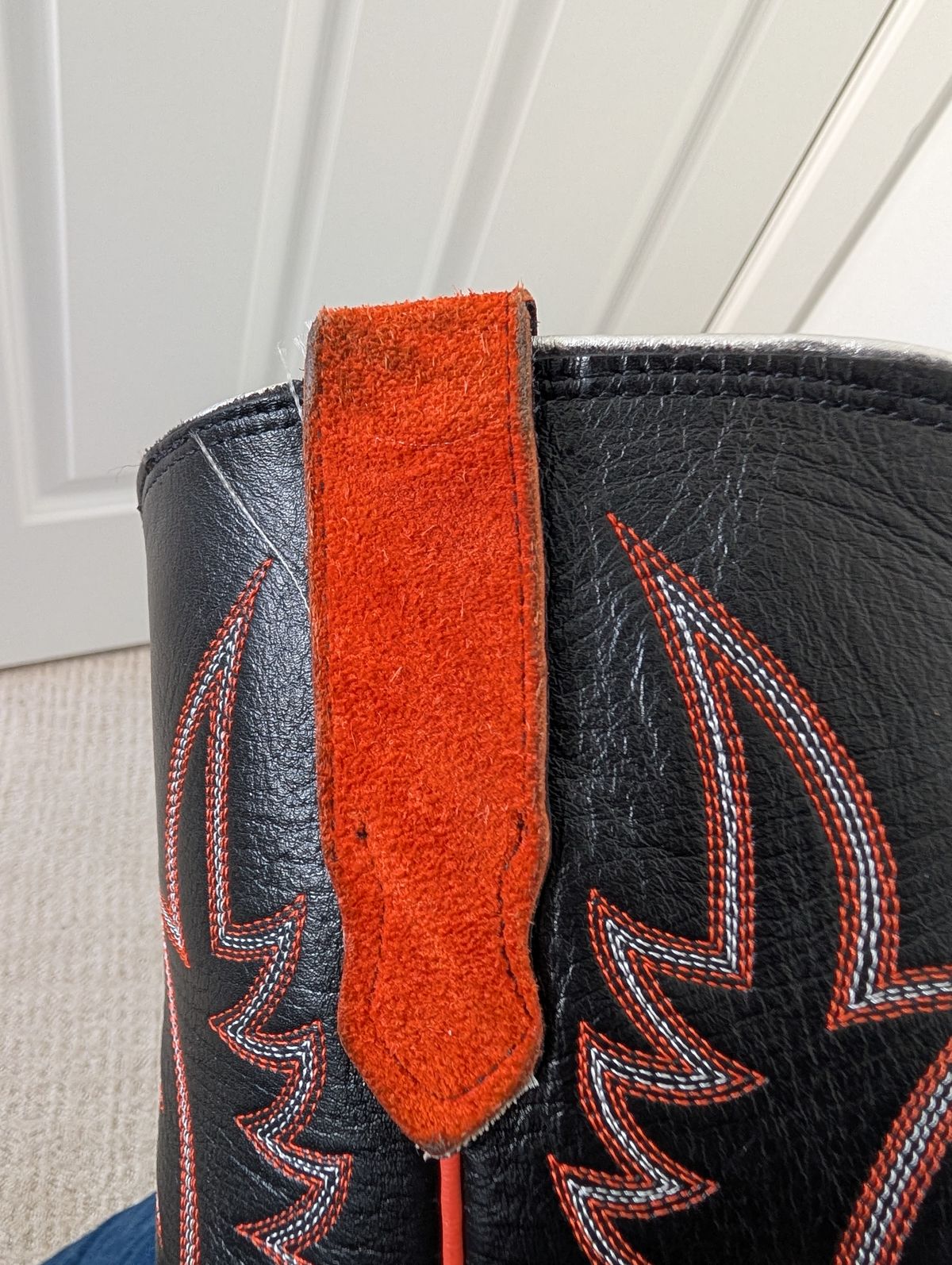 Photo by alkemest on July 23, 2025 of the Fenoglio Orange Roughout With Black Smooth Italian Uppers, Outpost Western Exclusive in Fenoglio Orange Roughout.