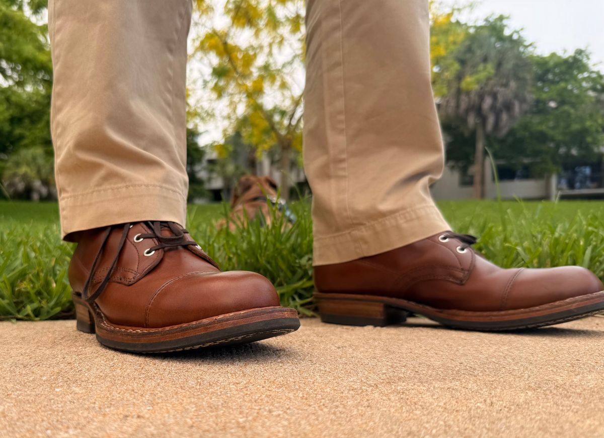 Photo by King_Stoic on June 16, 2026 of the White’s Boots x Franklin & Poe Semi-Dress in Horween British Tan Chromexcel.