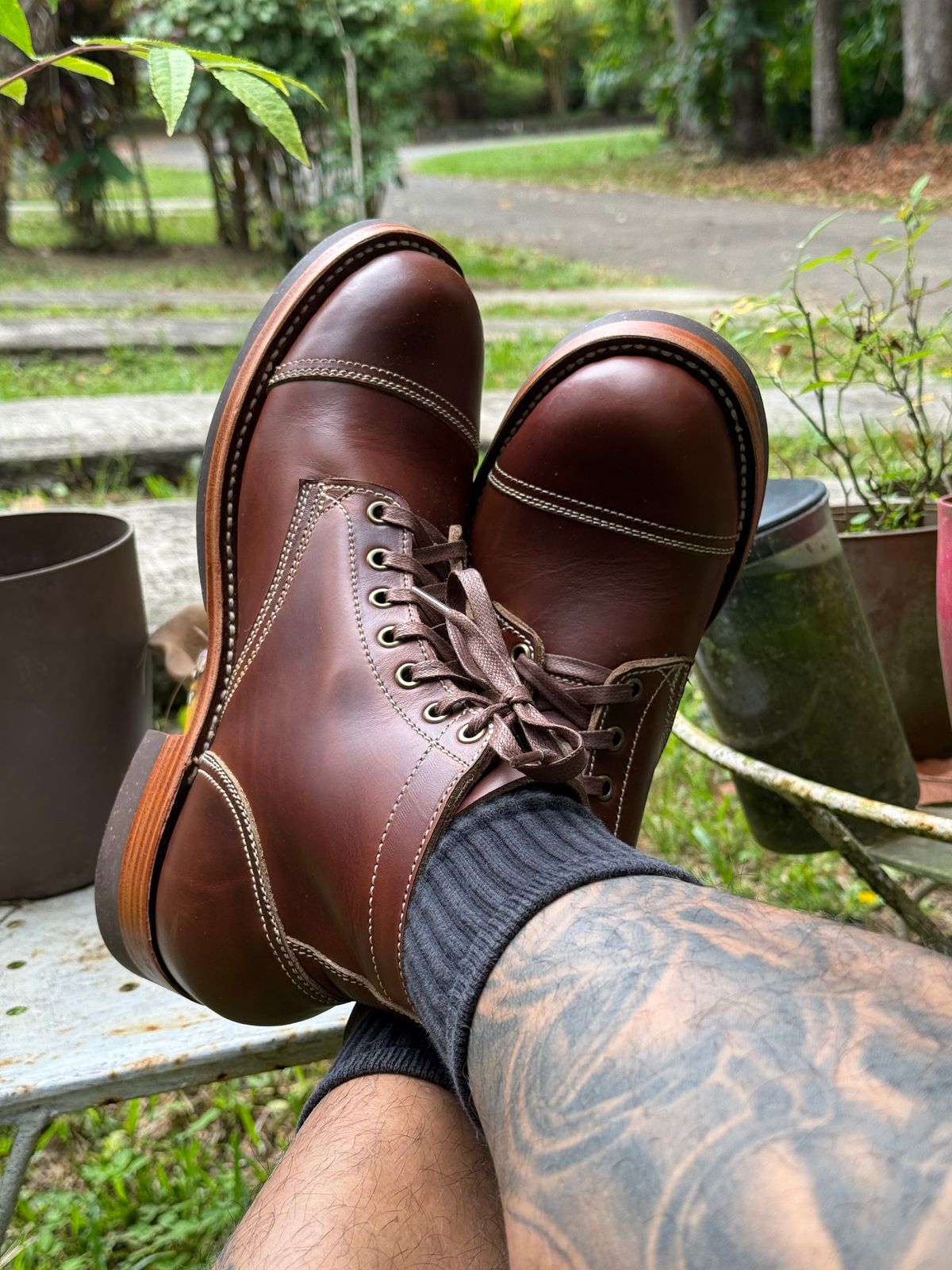Photo by wjbarbon on April 5, 2025 of the Willie's Handmade Boots Cap Toe Service Boot in Horween Brown Chromexcel.