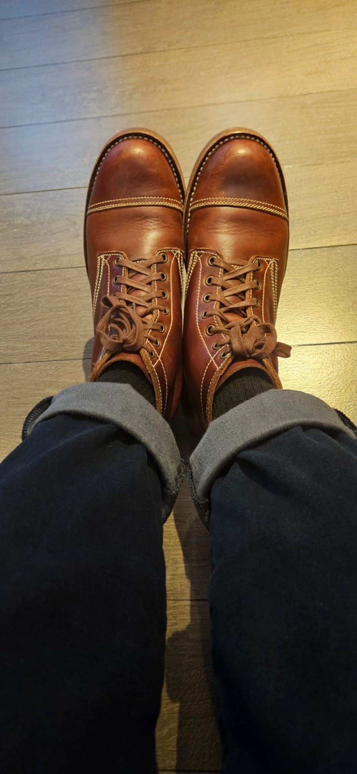 Photo by wjbarbon on July 28, 2025 of the Willie's Handmade Boots Cap Toe Service Boot in Horween Brown Chromexcel.