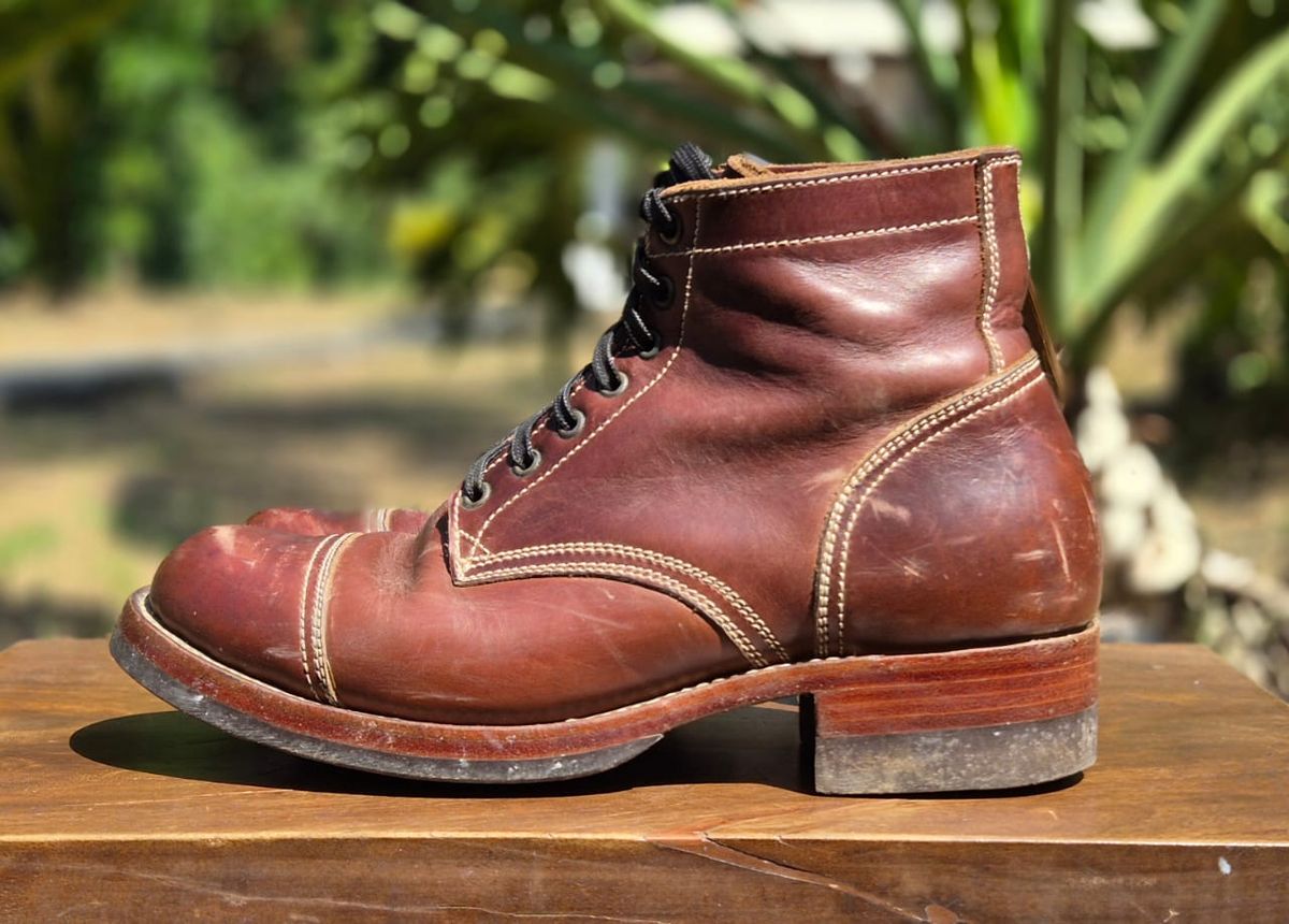 Photo by patinachroniclesDVO on April 5, 2026 of the Willie's Handmade Boots Cap Toe Service Boot in Horween Brown Chromexcel.