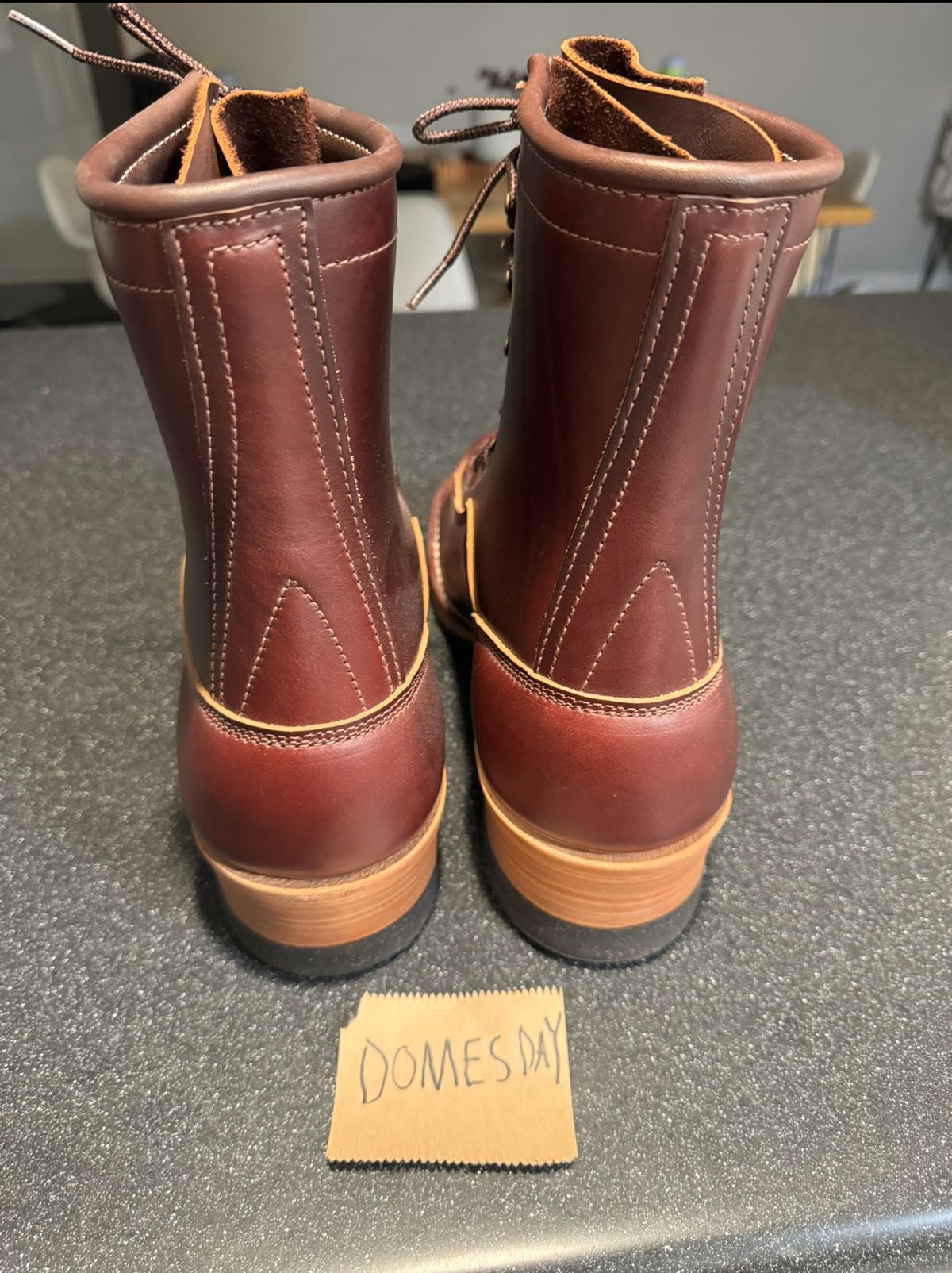 Photo by AB on October 1, 2024 of the Frank's Boots Monkey Boot in Horween Burgundy Chromexcel.