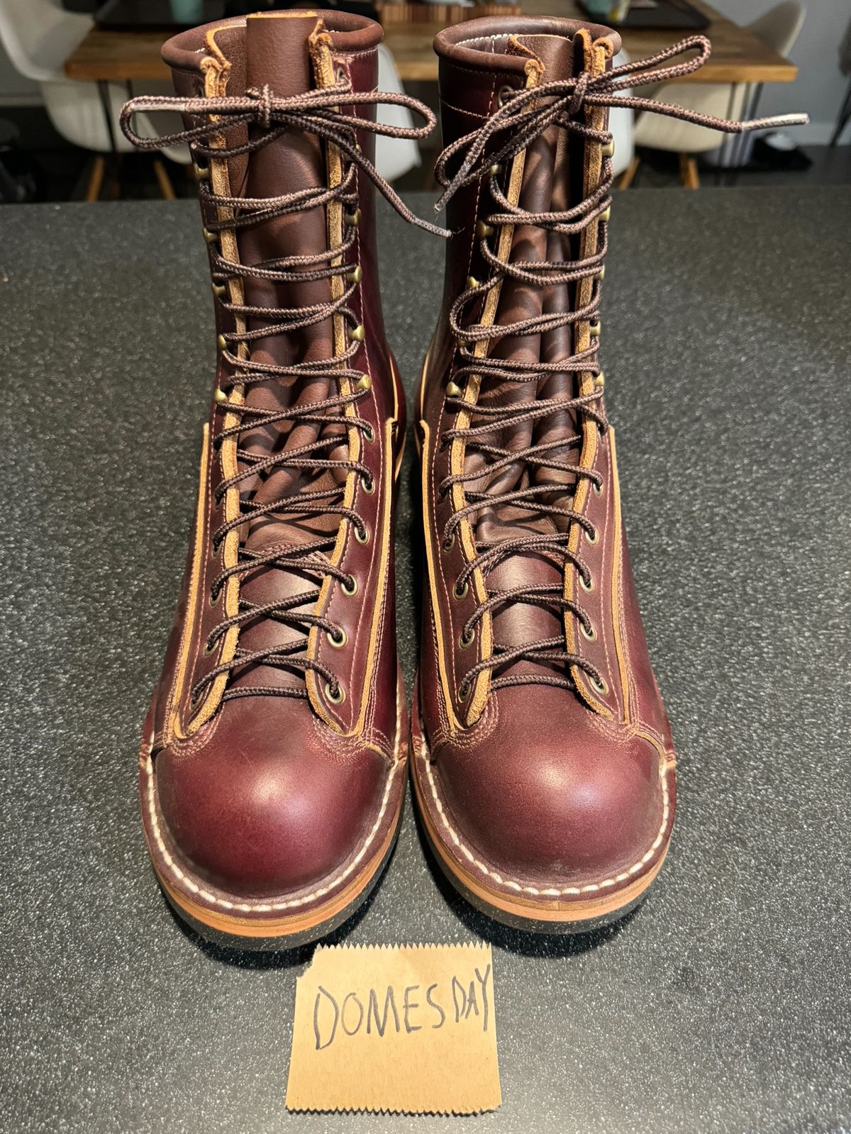 Photo by AB on October 1, 2024 of the Frank's Boots Monkey Boot in Horween Burgundy Chromexcel.