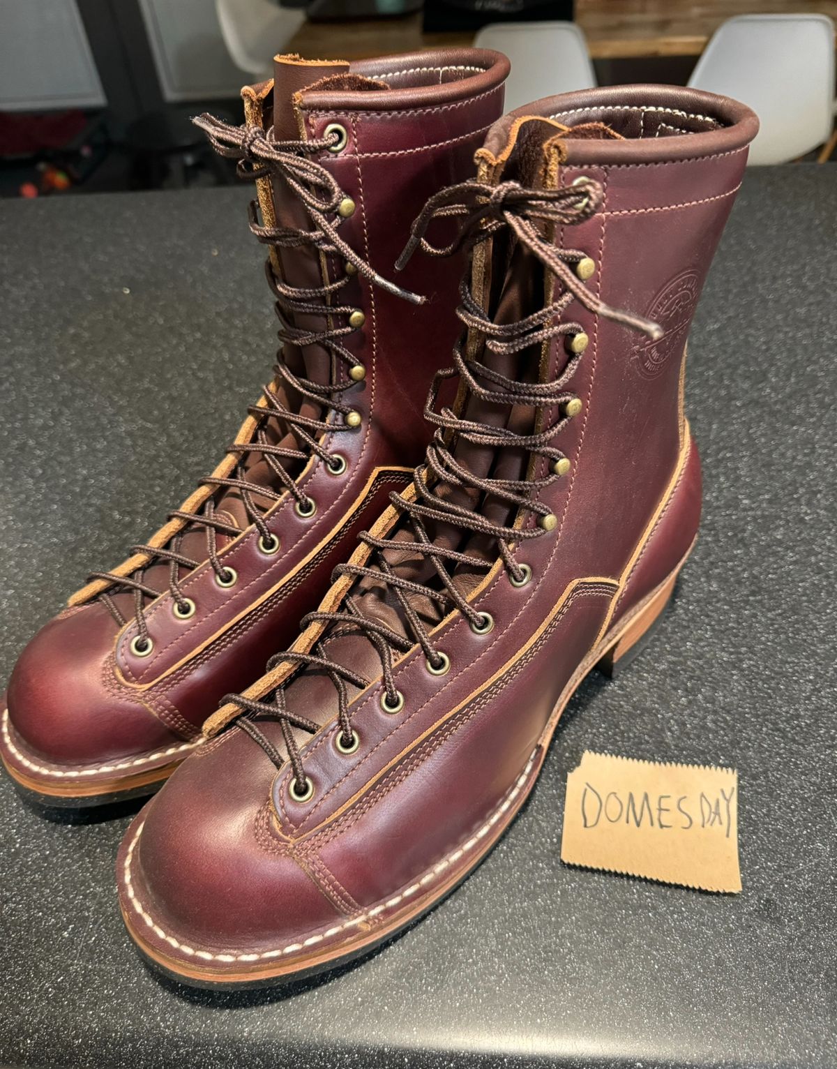 Photo by AB on October 1, 2024 of the Frank's Boots Monkey Boot in Horween Burgundy Chromexcel.