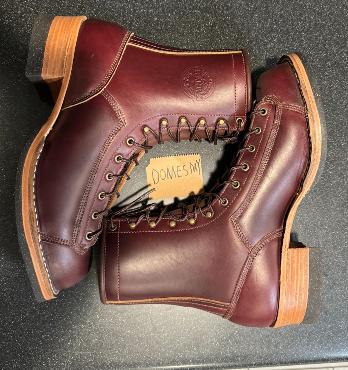 Photo by AB on October 1, 2024 of the Frank's Boots Monkey Boot in Horween Burgundy Chromexcel.