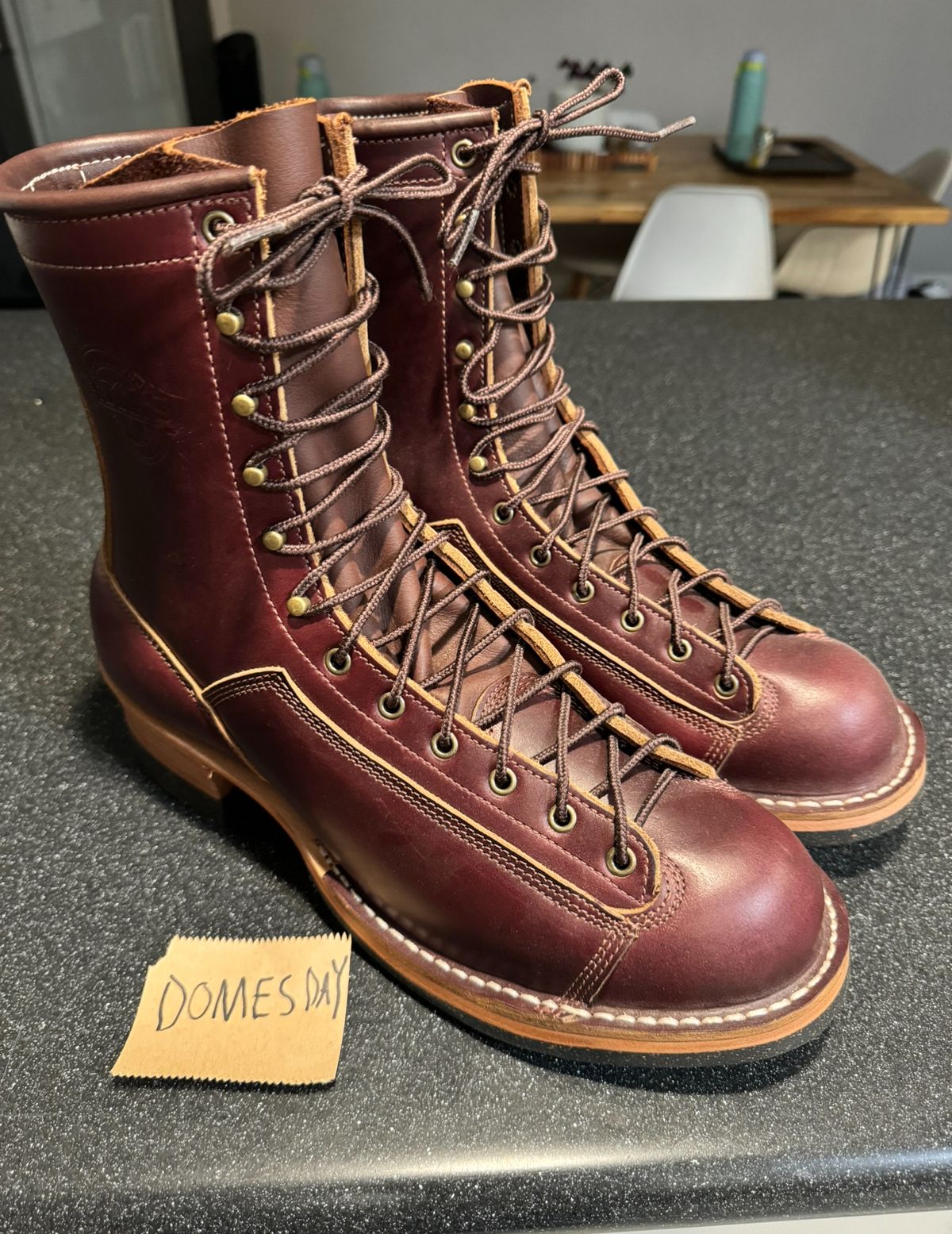 Photo by AB on October 1, 2024 of the Frank's Boots Monkey Boot in Horween Burgundy Chromexcel.