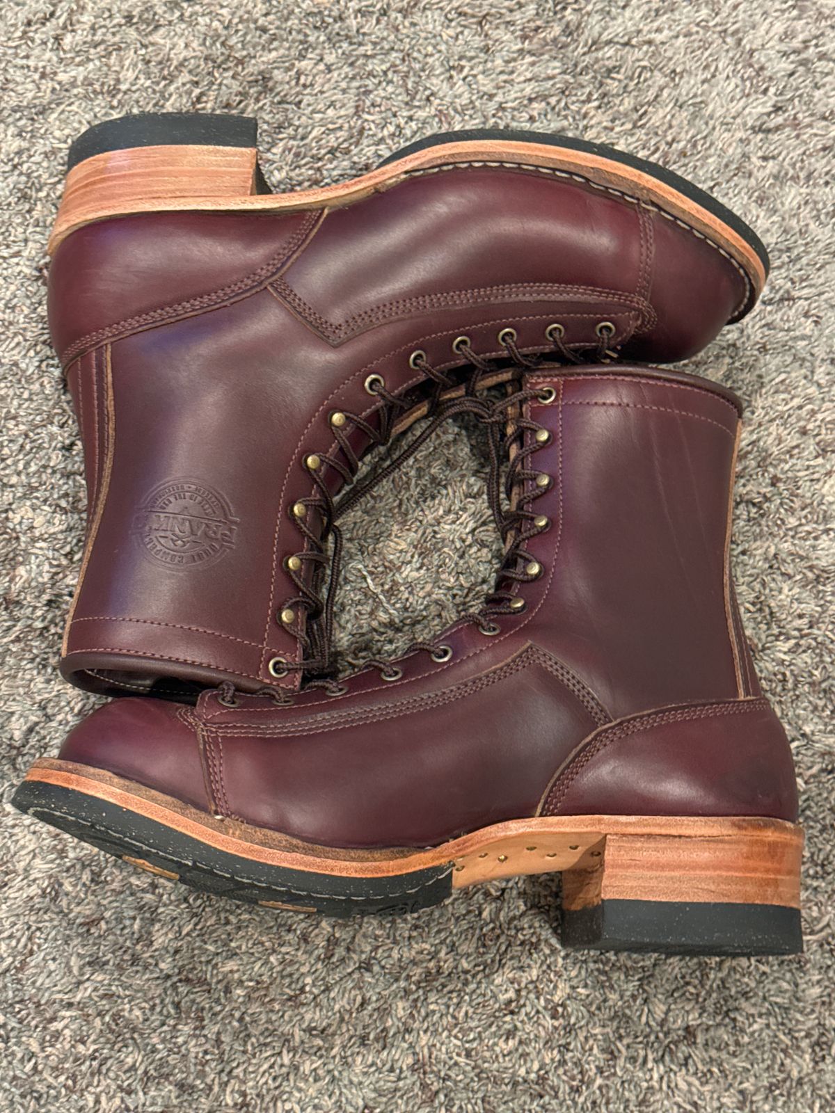 Photo by AB on October 5, 2024 of the Frank's Boots Monkey Boot in Horween Burgundy Chromexcel.