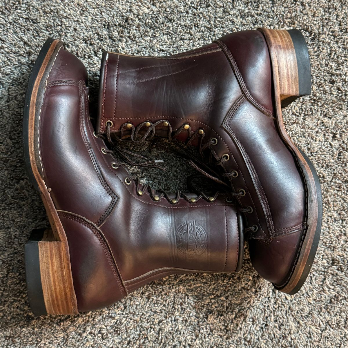 Photo by AB on October 8, 2024 of the Frank's Boots Monkey Boot in Horween Burgundy Chromexcel.