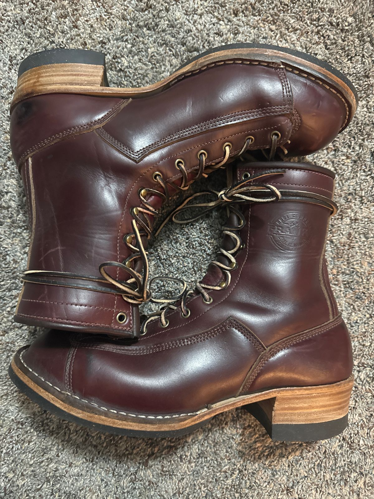 Photo by AB on October 18, 2024 of the Frank's Boots Monkey Boot in Horween Burgundy Chromexcel.