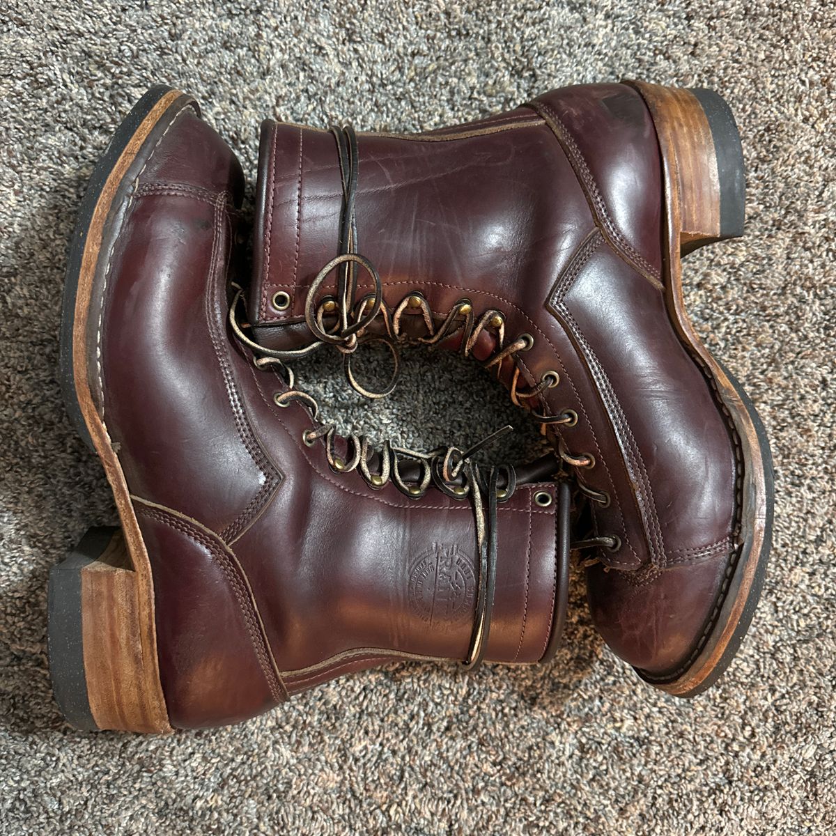 Photo by AB on October 25, 2024 of the Frank's Boots Monkey Boot in Horween Burgundy Chromexcel.