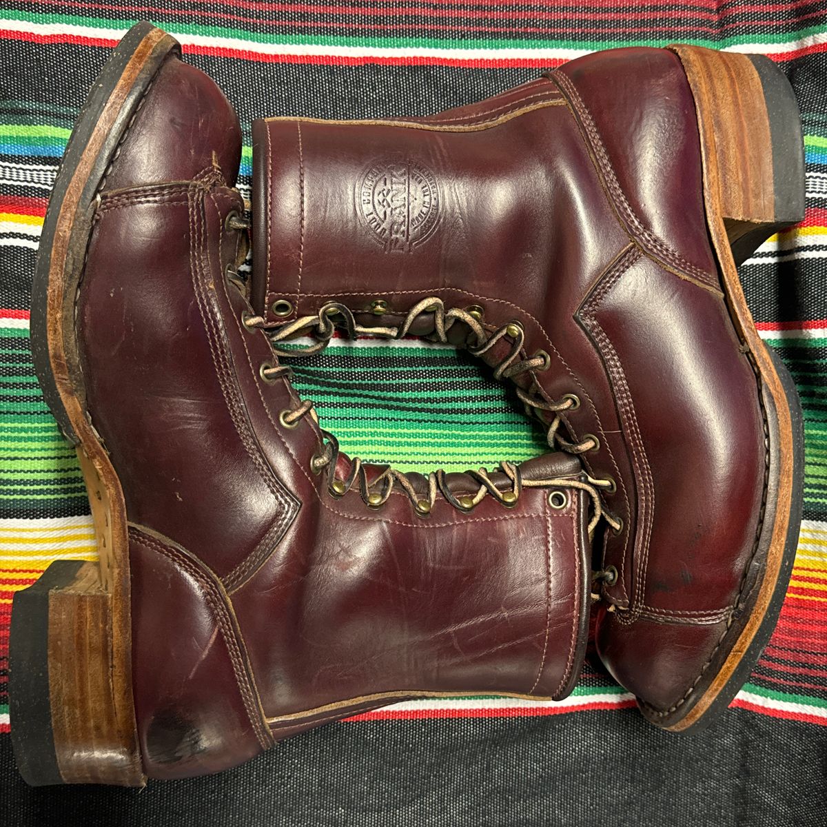 Photo by AB on November 3, 2024 of the Frank's Boots Monkey Boot in Horween Burgundy Chromexcel.