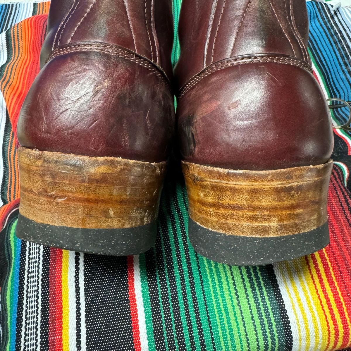 Photo by AB on November 3, 2024 of the Frank's Boots Monkey Boot in Horween Burgundy Chromexcel.