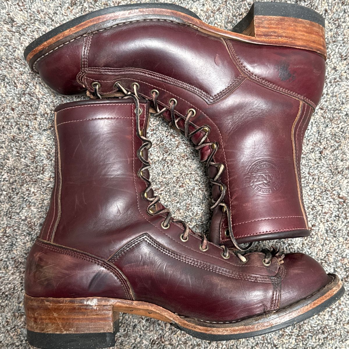 Photo by AB on November 16, 2024 of the Frank's Boots Monkey Boot in Horween Burgundy Chromexcel.