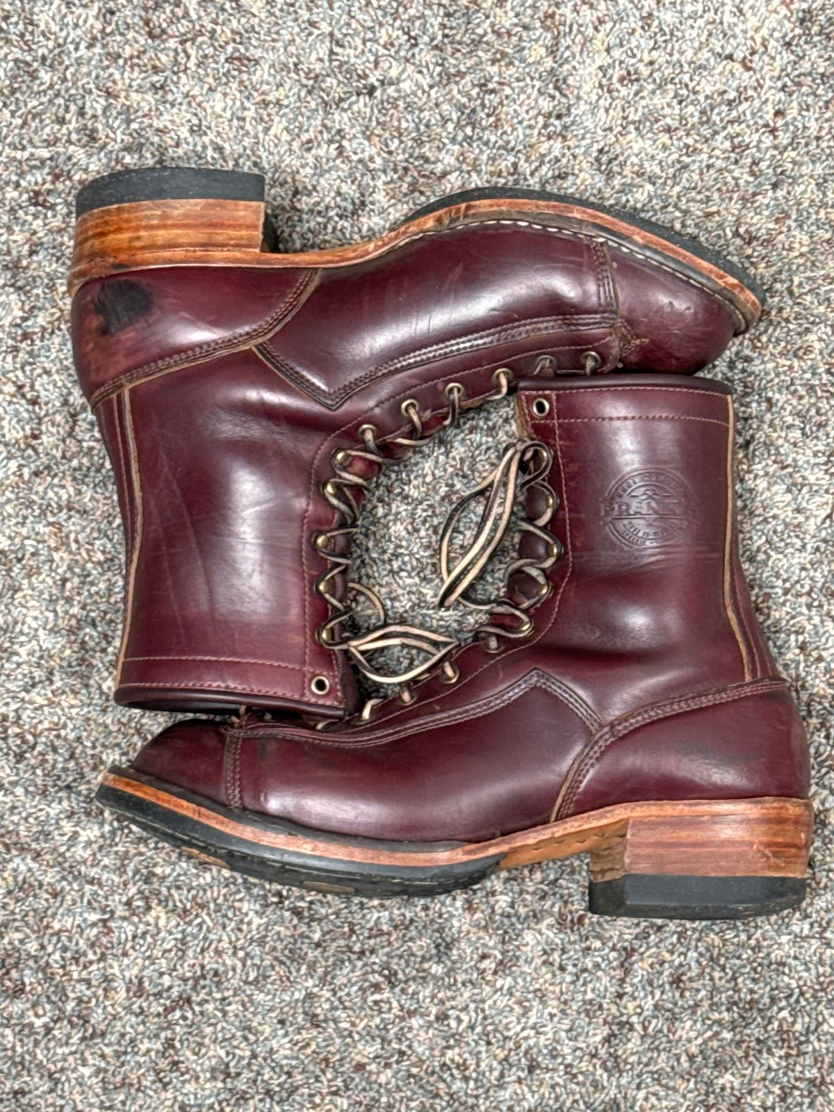 Photo by AB on November 24, 2024 of the Frank's Boots Monkey Boot in Horween Burgundy Chromexcel.