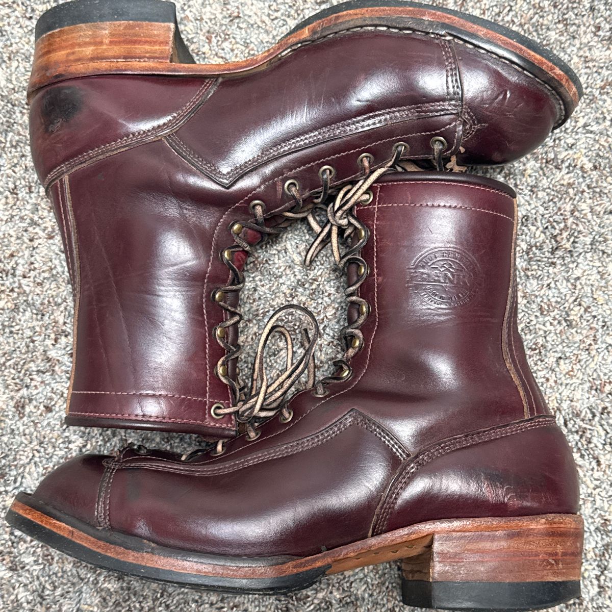 Photo by AB on December 8, 2024 of the Frank's Boots Monkey Boot in Horween Burgundy Chromexcel.