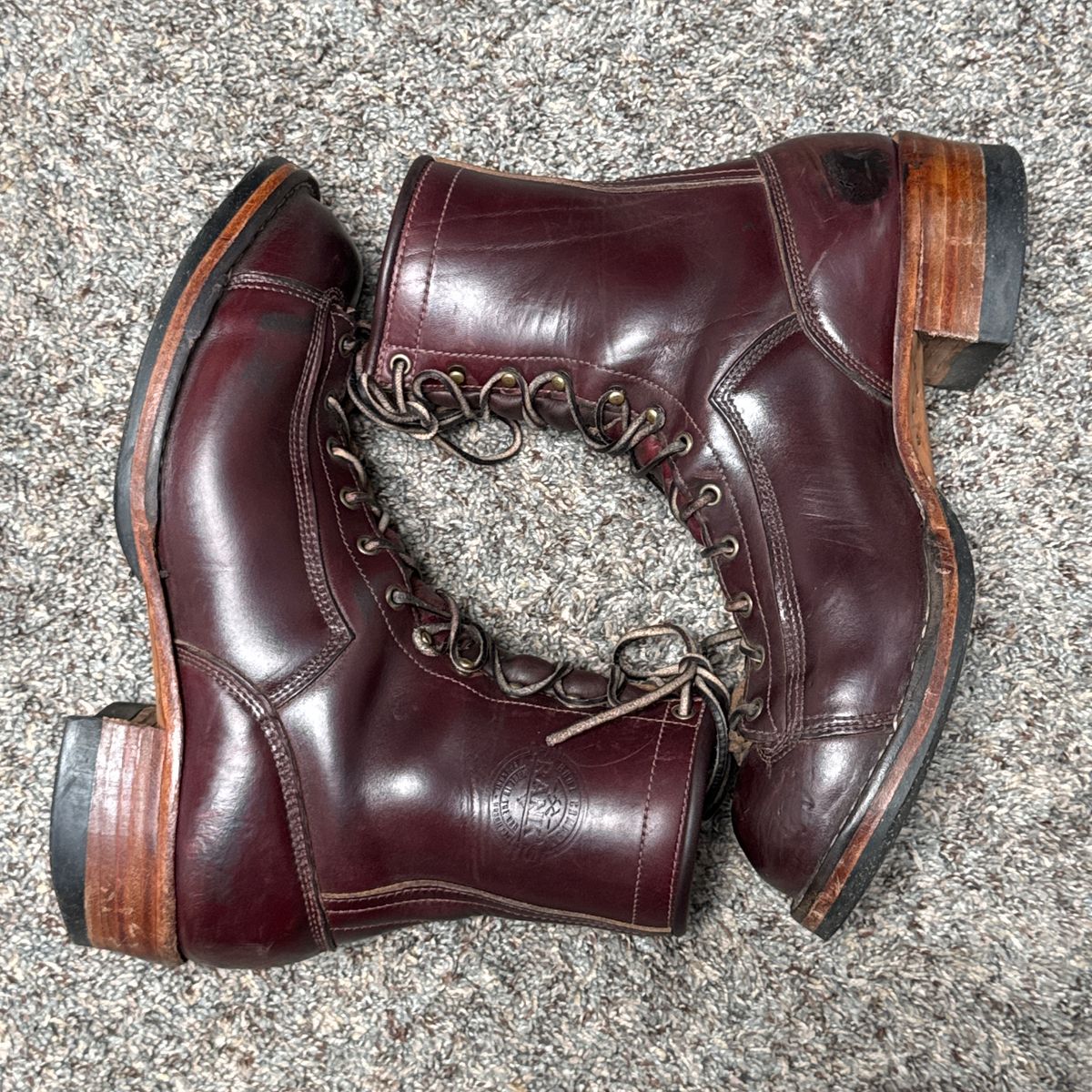 Photo by AB on December 15, 2024 of the Frank's Boots Monkey Boot in Horween Burgundy Chromexcel.