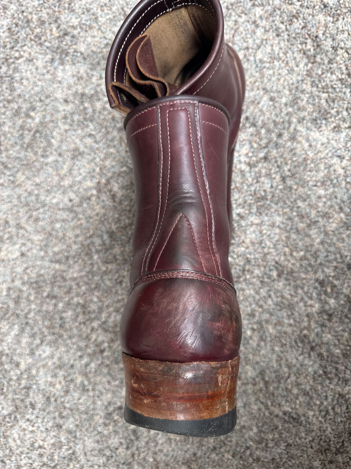 Photo by AB on January 4, 2025 of the Frank's Boots Monkey Boot in Horween Burgundy Chromexcel.