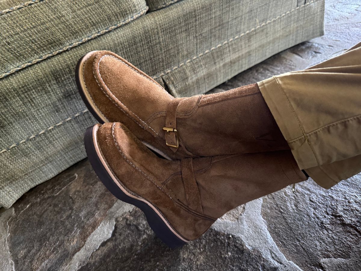 Photo by grantini on October 1, 2025 of the Russell Moccasin Co. Zephyr Balderas in SB Foot Roughout Pecos Chamois.