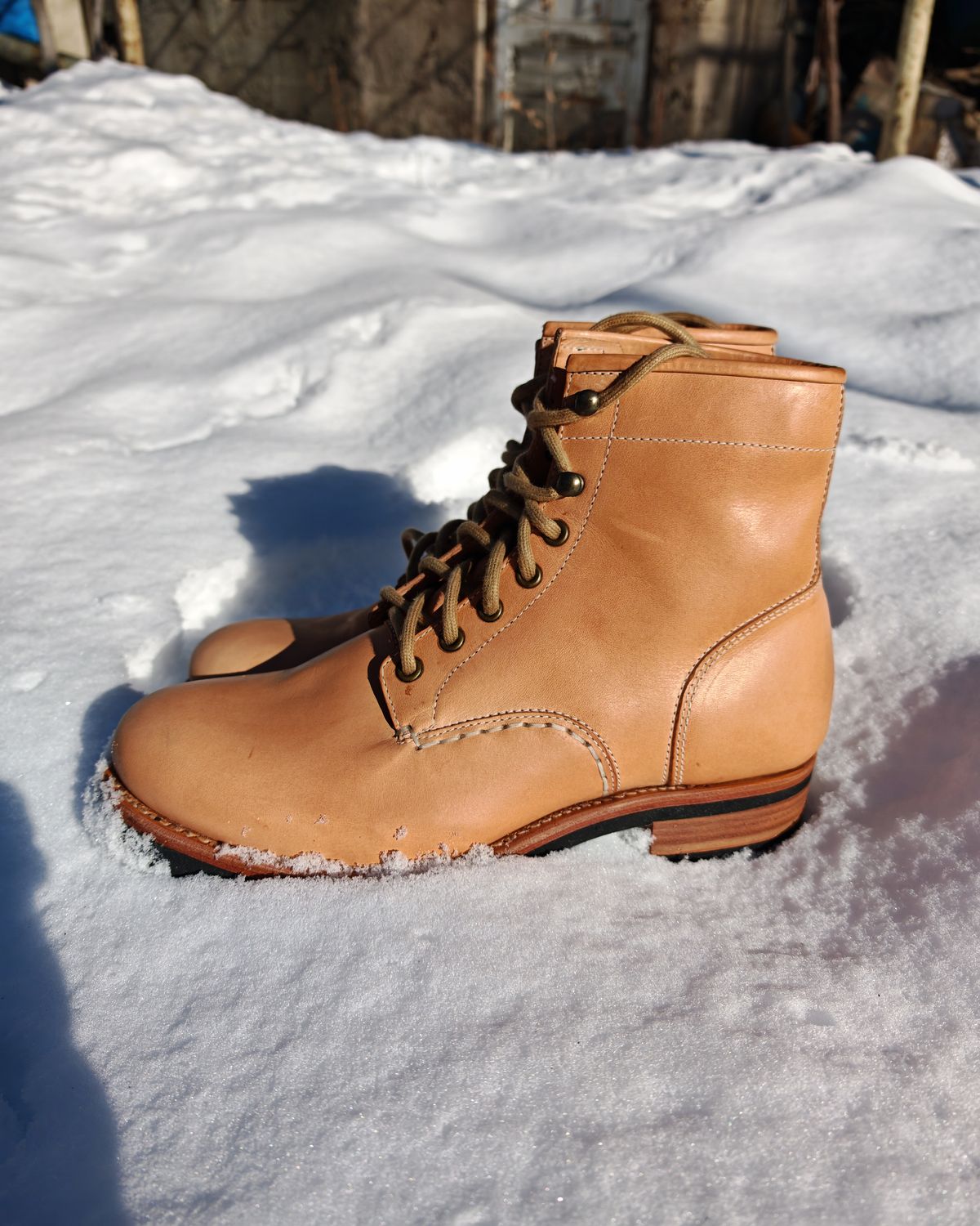 Photo by buttsandshouldersowner on January 3, 2026 of the Butts and Shoulders The Heritage Boots in Natural Leather.