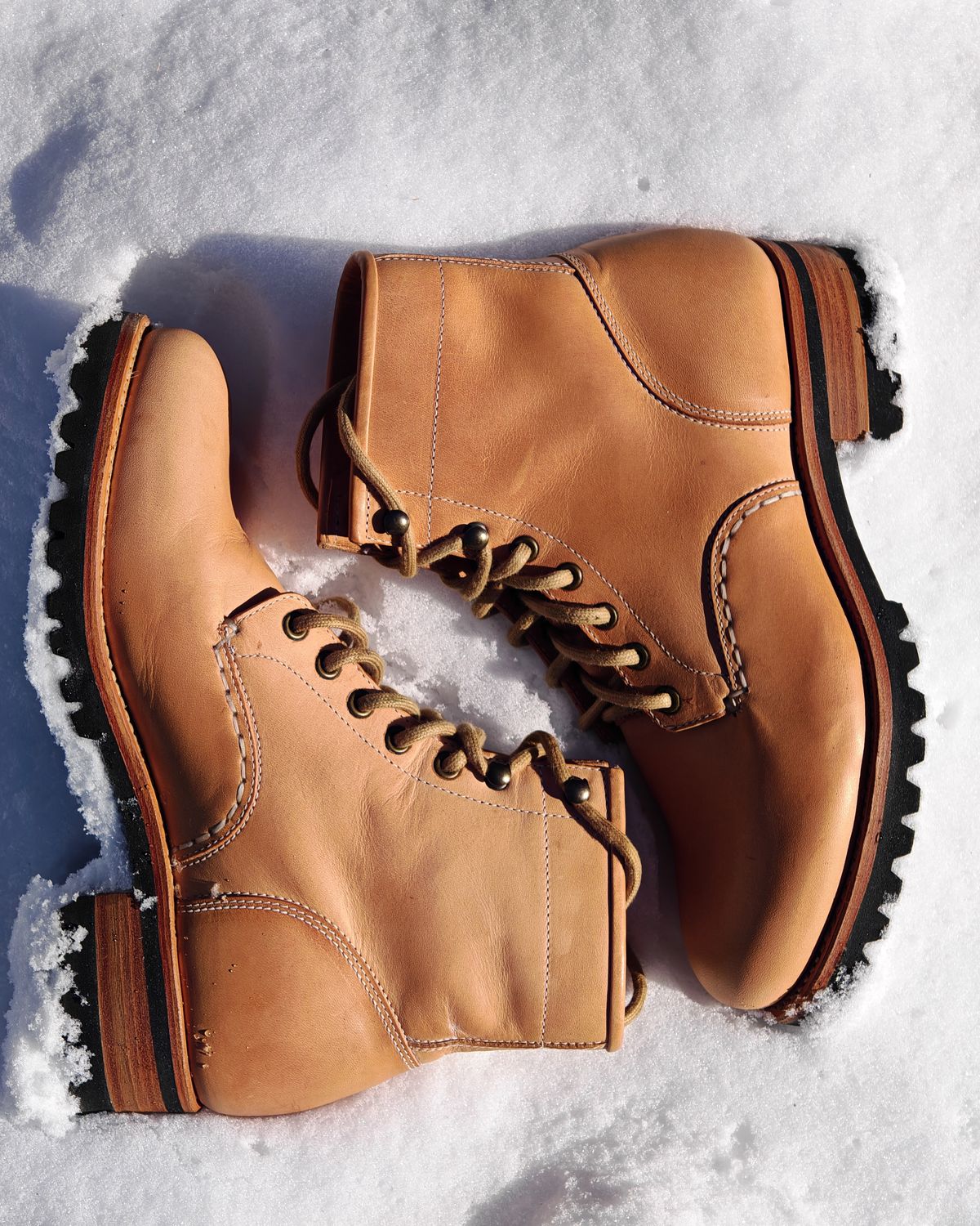 Photo by buttsandshouldersowner on January 3, 2026 of the Butts and Shoulders The Heritage Boots in Natural Leather.