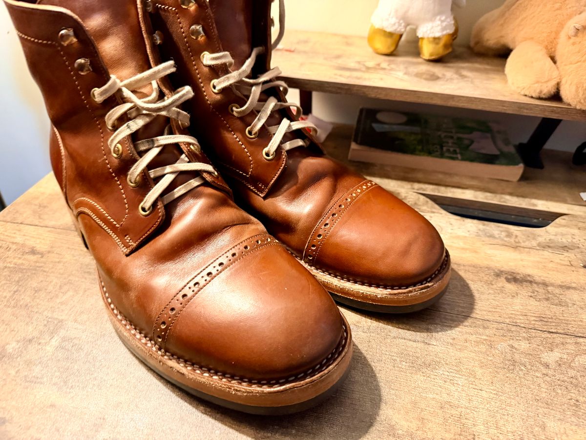 Photo by TheBeardedFeller on February 23, 2026 of the Blkbrd Shoemaker Luchador Service Boot in Maryam Toscanello TPR Horsebutt.