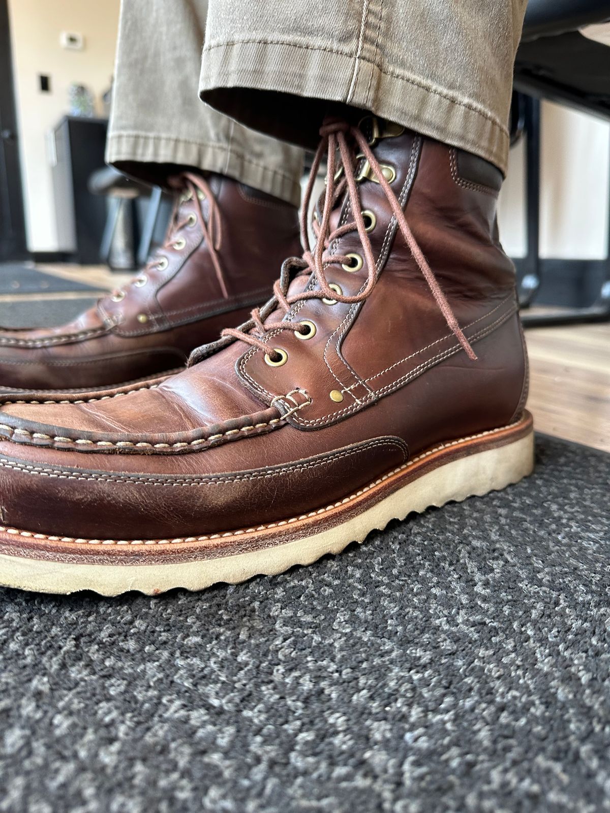 Photo by lacesonthelot on June 6, 2026 of the Grant Stone Field Boot in Horween Crimson Chromexcel.