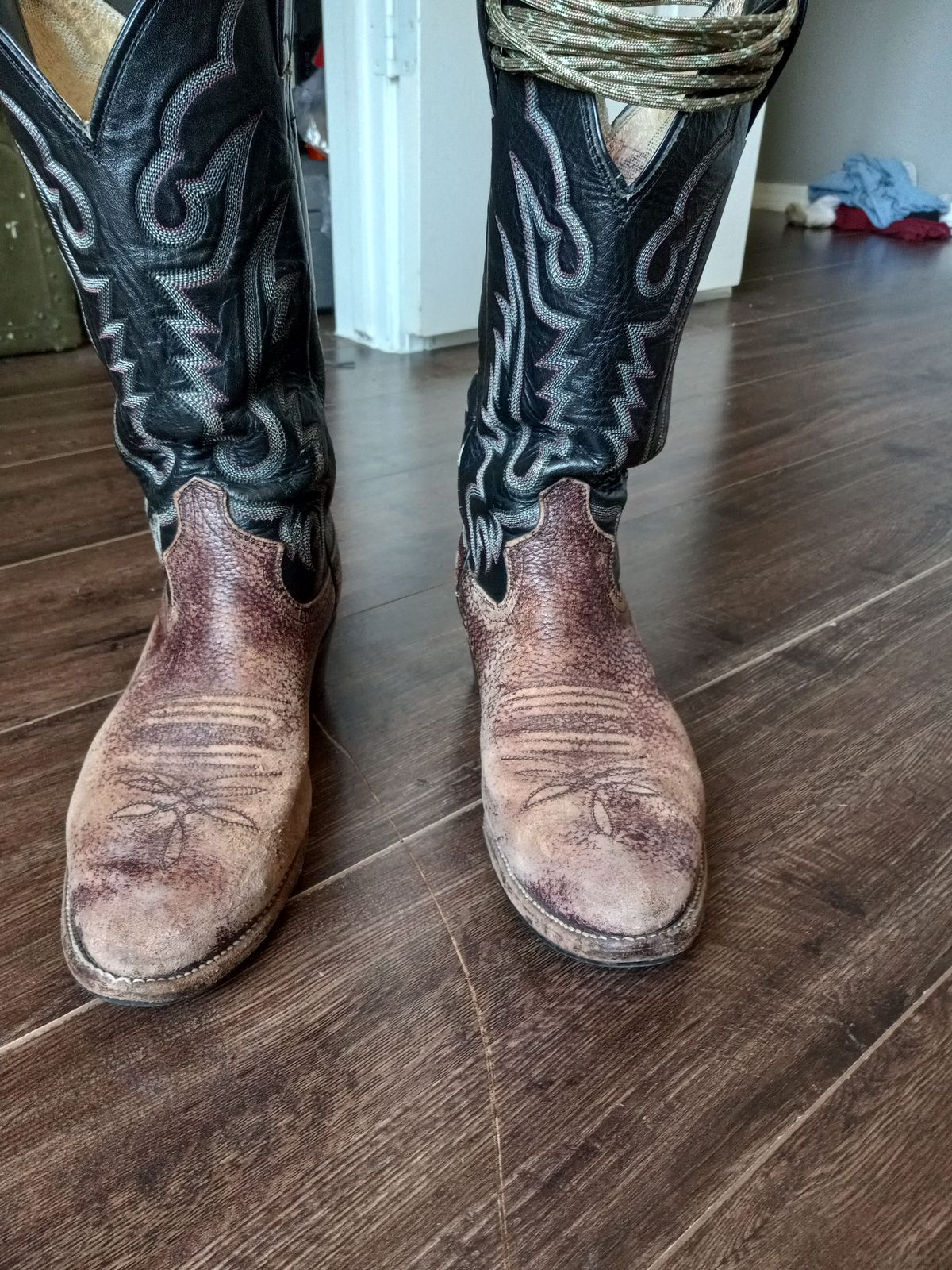 Photo by Jakesleather1505 on March 5, 2024 of the Justin Boots 1505 in Dark Cherry Bullhide.