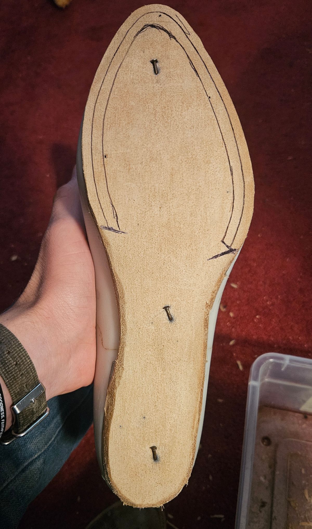 Photo by Jakesleather1505 on October 30, 2025 of the Self Made Full Rough Out Roper in 5-6oz Oil Tanned Cowhide From Scrap Bin.