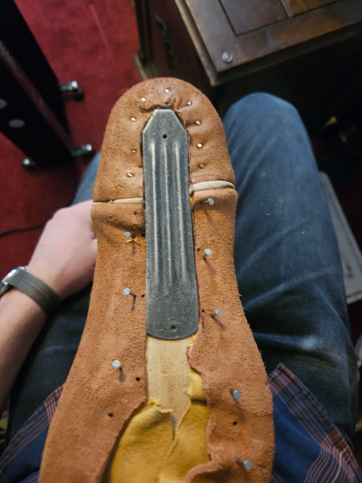 Photo by Jakesleather1505 on December 2, 2025 of the Self Made Full Rough Out Roper in 5-6oz Oil Tanned Cowhide From Scrap Bin.