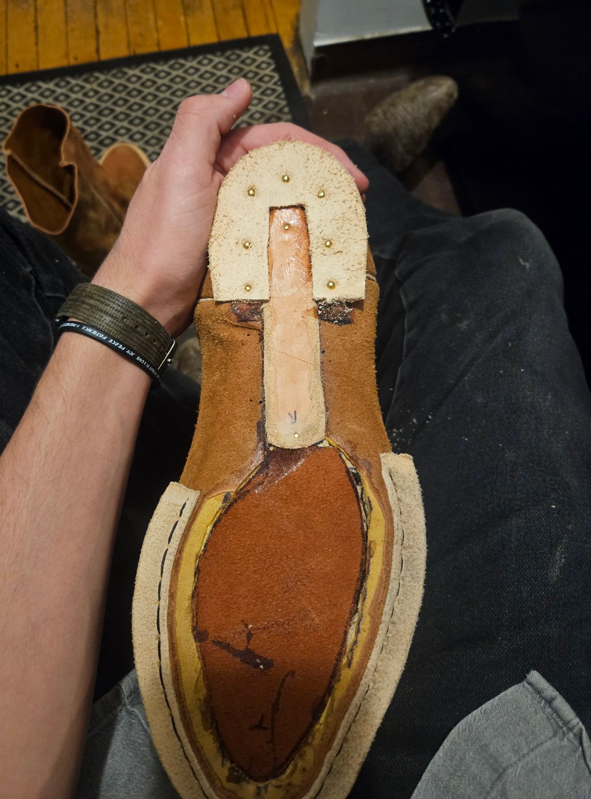 Photo by Jakesleather1505 on December 5, 2025 of the Self Made Full Rough Out Roper in 5-6oz Oil Tanned Cowhide From Scrap Bin.