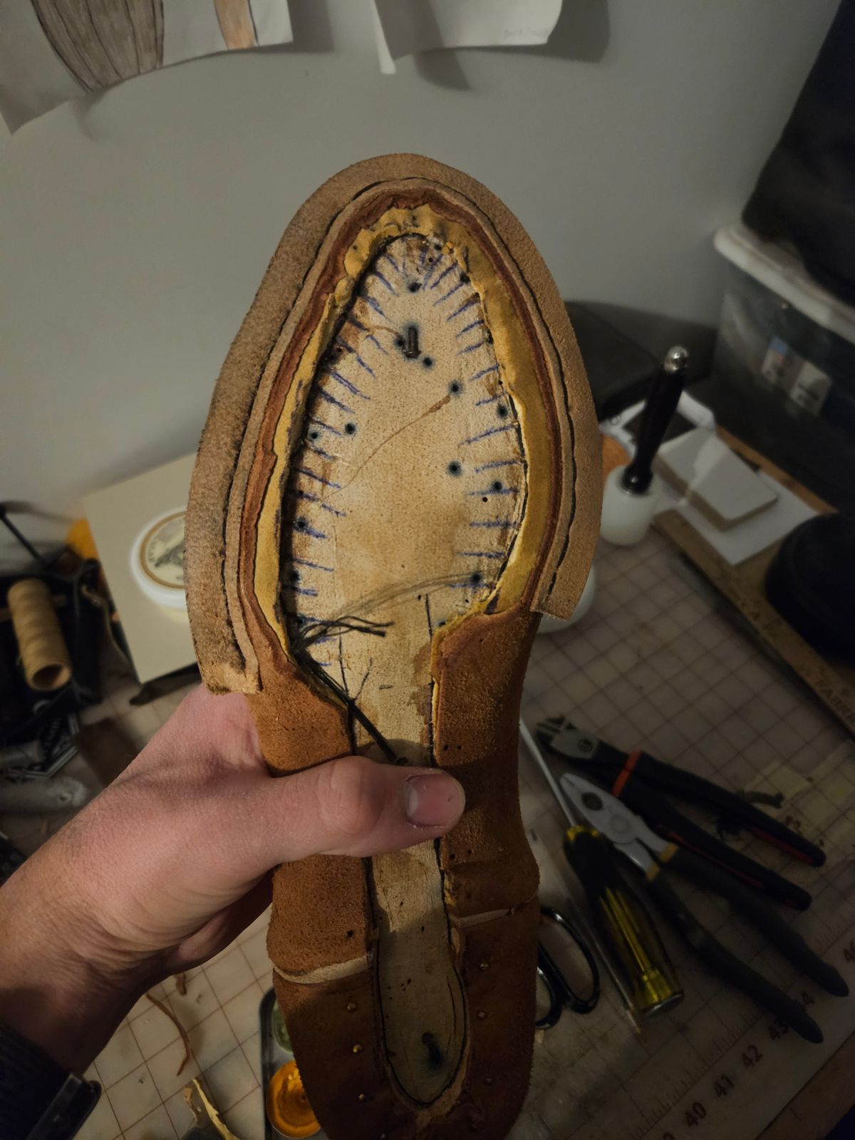 Photo by Jakesleather1505 on December 3, 2025 of the Self Made Full Rough Out Roper in 5-6oz Oil Tanned Cowhide From Scrap Bin.